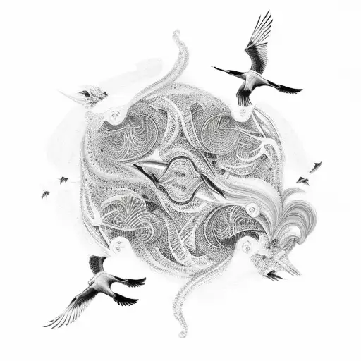 Abstract depiction of storks in flight, with intricate patterns within their wings tattoo design idea