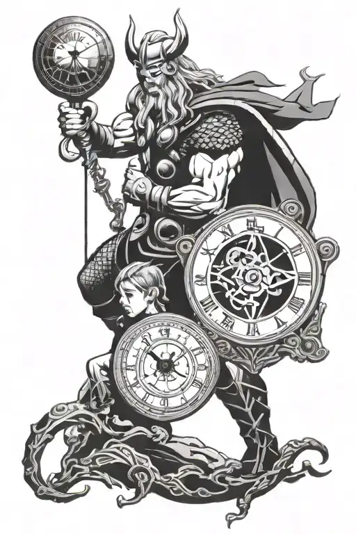 A tattoo of Thor and his son bonding over their shared love of Nordic mythology, with a clock symbolizing the passing of time in the background tattoo design idea