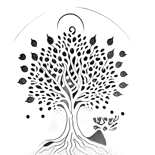 A dotwork tattoo of a tree of life with animals representing different elements of nature and spirituality tattoo design idea