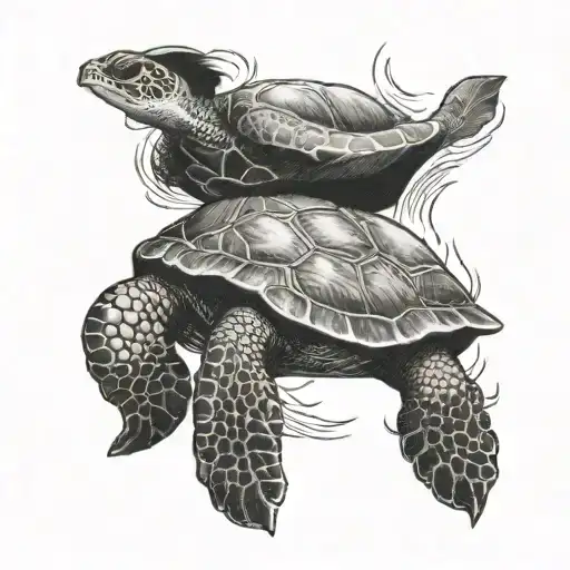 A black-grey tattoo of a student swimming alongside a turtle tattoo design idea