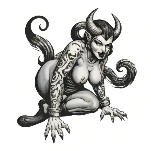 demon crouchng full body pinup girl dressed like tattoo design idea