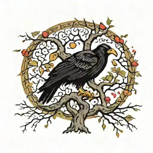 Viking world tree with Odin's ravens on the branches in color tattoo design idea