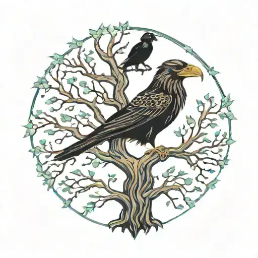 Viking world tree with Odin's ravens on the branches in color tattoo design idea