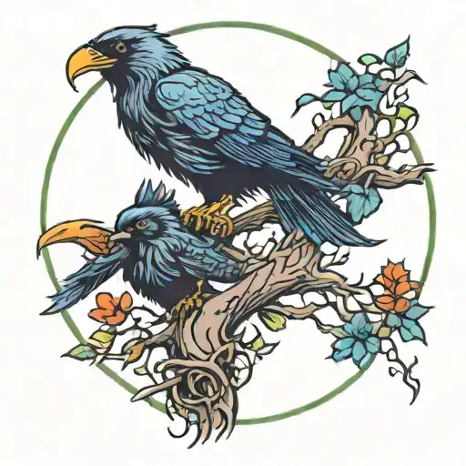 Viking world tree with Odin's ravens on the branches in color tattoo design idea