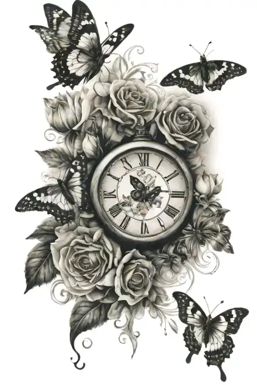 orichids with butterflies , name and clock surrounded tattoo design idea