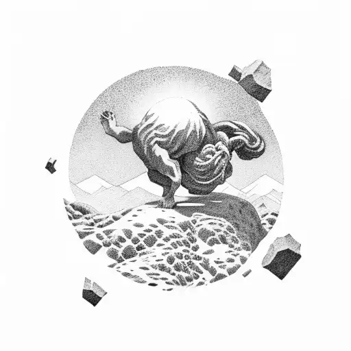 sysiphus in mountain with sun tattoo design idea