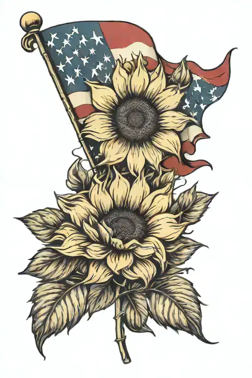 sunflowers American flag rose  tattoo design idea