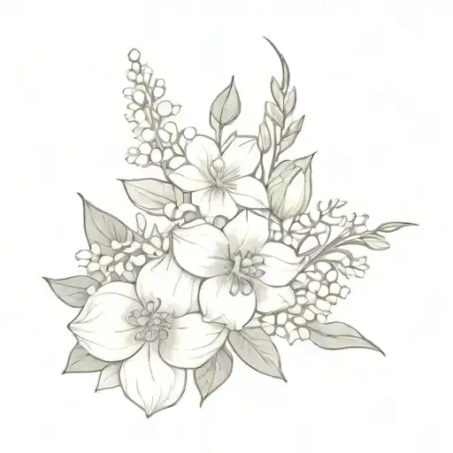 rose, delphinium, daffodil, lily of the valley bouquet tattoo design idea