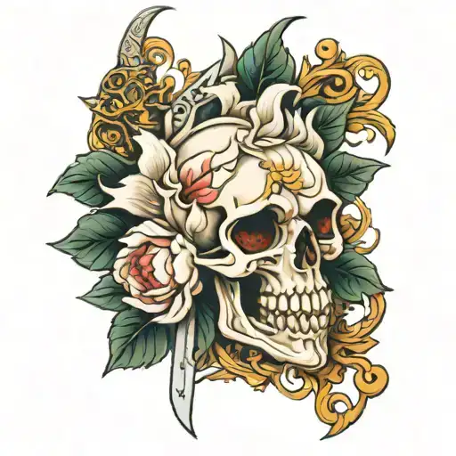 peony skull dagger  filigree tattoo design idea