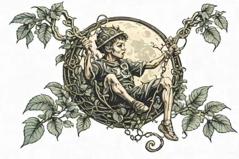 boy swinging on a vine though the jungle under the dark side of the moon(moon wearing princess crown) tattoo design idea