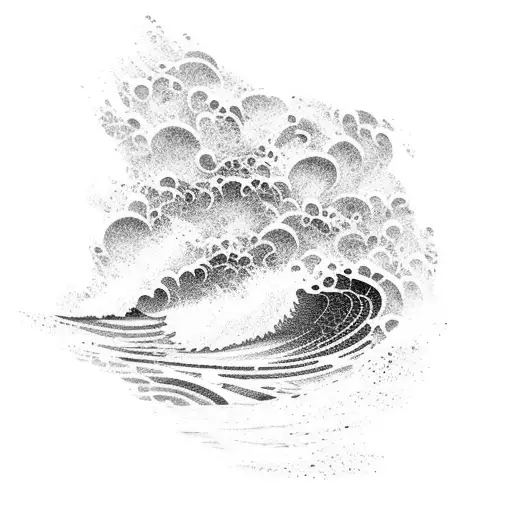 A dotwork tattoo of a surfer catching a wave with a piano keyboard incorporated into the wave tattoo design idea