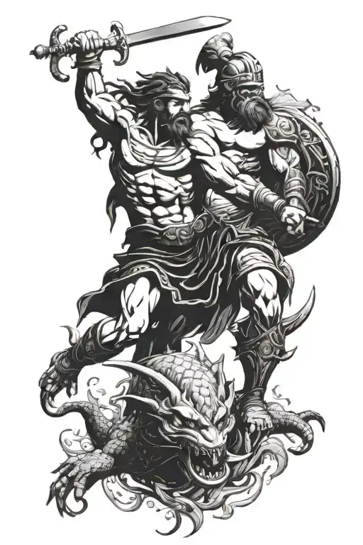 Gladiator fighting a sea monster under Poseidon's watchful eye tattoo design idea