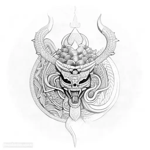 Mictlántecutli sentado en un trono con Quetzalcoatl de fondo  tattoo design idea
