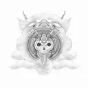 Mictlántecutli sentado en un trono con Quetzalcoatl de fondo  tattoo design idea