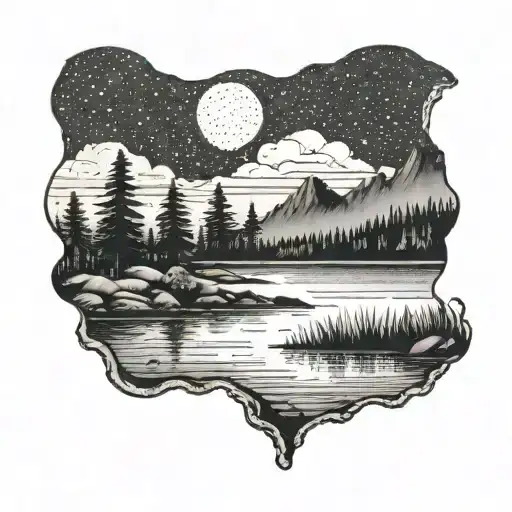 A serene landscape of a Minnesota lake tattoo design idea