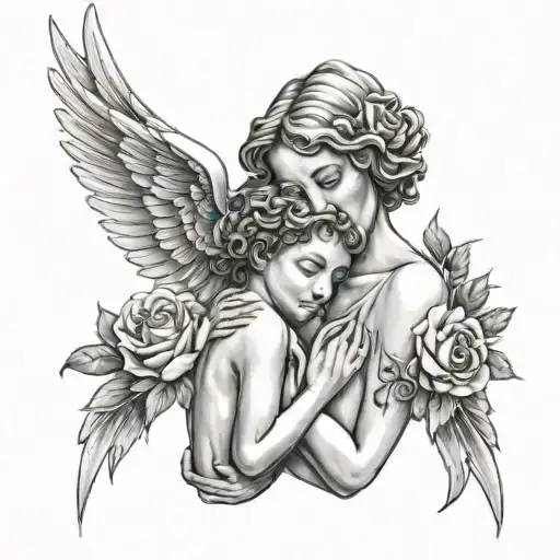A black-grey tattoo of a mother and son angel wings intertwined with roses, symbolizing the mother's belief in God's grace and protection over her child tattoo design idea