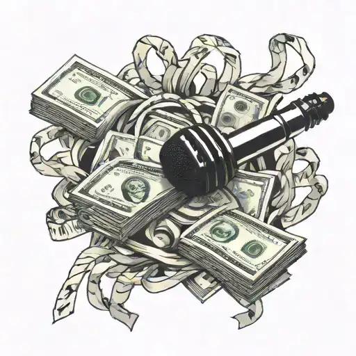 A heart-shaped stack of cash with a microphone intertwined, symbolizing your love for money and rapping tattoo design idea