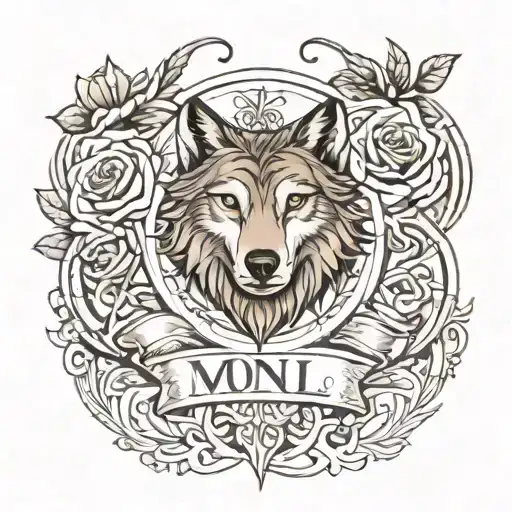 Tattoo design with letters M L D N L, roses, 00:00, infinity symbol, wolf, compass tattoo design idea