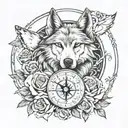 Tattoo design with letters M L D N L, roses, 00:00, infinity symbol, wolf, compass tattoo design idea
