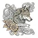 Tattoo design with letters M L D N L, roses, 00:00, infinity symbol, wolf, compass tattoo design idea
