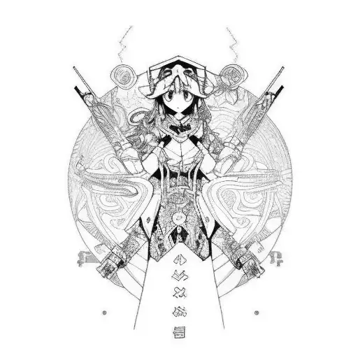 arm sleeve with anime inspired art work mixed in tattoo design idea