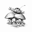 A ladybug perched on a mushroom in a whimsical forest scene tattoo design idea