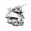 A ladybug perched on a mushroom in a whimsical forest scene tattoo design idea
