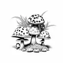 A ladybug perched on a mushroom in a whimsical forest scene tattoo design idea