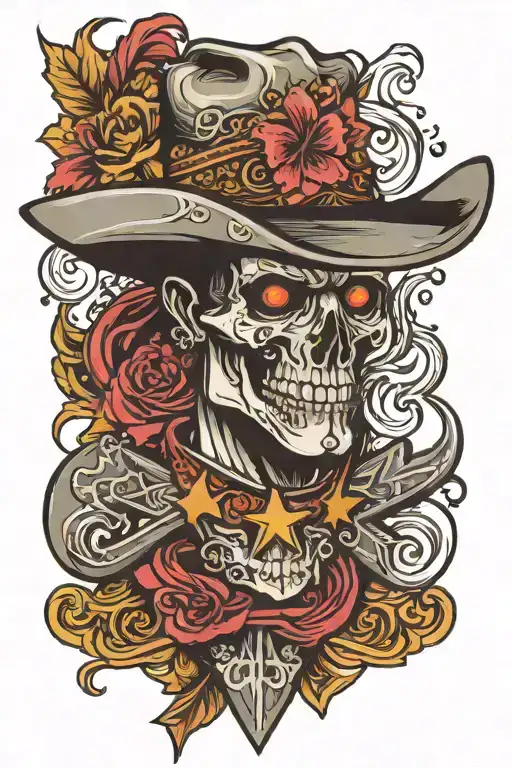 cross cowboy hat riding tattoo design idea