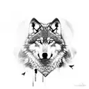 wolf front view full body with abstract artistic blackbird flock overhead tattoo design idea