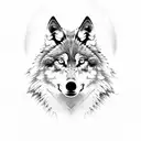 wolf front view full body with abstract artistic blackbird flock overhead tattoo design idea