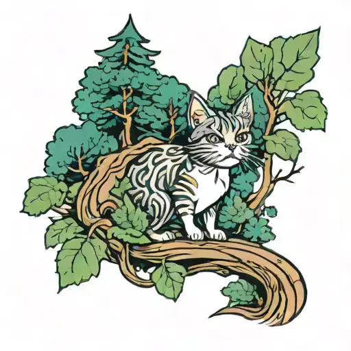 A playful tattoo of a hiking trail winding through a forest, with a mischievous cat peeking out from behind a tree tattoo design idea