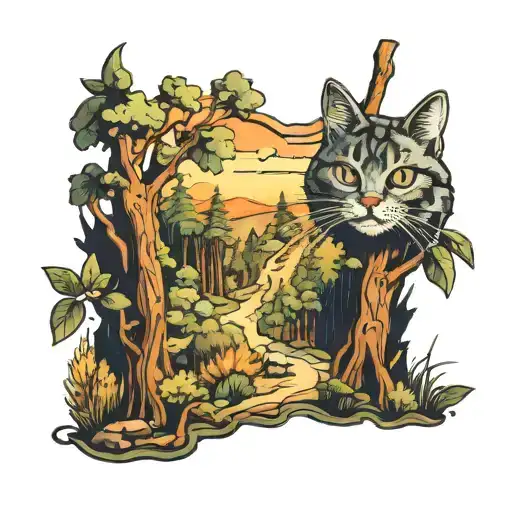A playful tattoo of a hiking trail winding through a forest, with a mischievous cat peeking out from behind a tree tattoo design idea