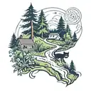A playful tattoo of a hiking trail winding through a forest, with a mischievous cat peeking out from behind a tree tattoo design idea