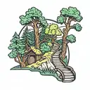 A playful tattoo of a hiking trail winding through a forest, with a mischievous cat peeking out from behind a tree tattoo design idea