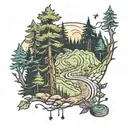 A playful tattoo of a hiking trail winding through a forest, with a mischievous cat peeking out from behind a tree tattoo design idea