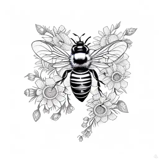 honeybee with flowers tattoo design idea