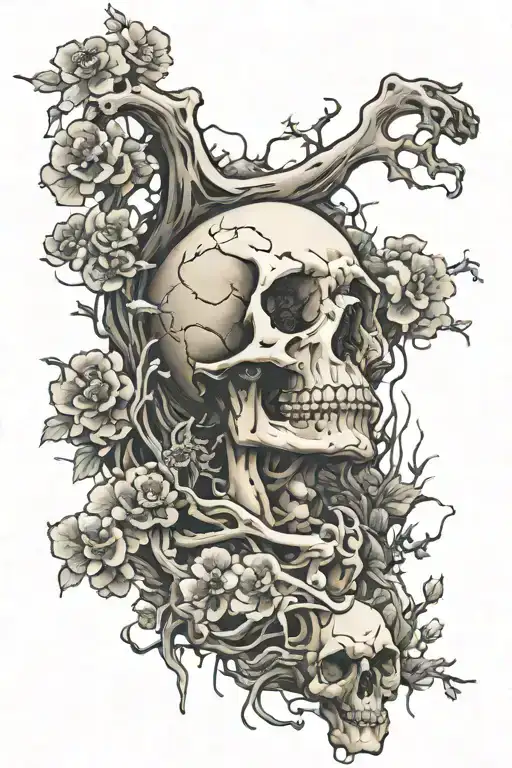 Skeleton with fungus growing out of the bones tattoo design idea
