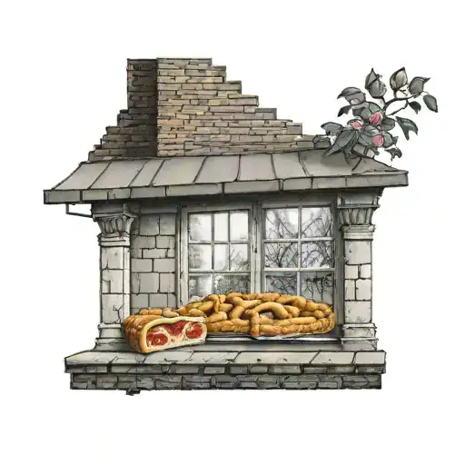 brick windowsill with the windows open and a peach pie sitting on the ledge  tattoo design idea