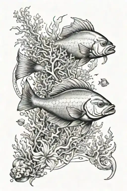 A tattoo design combining the client's passion for fish and oceans, featuring a majestic underwater scene with colorful sea creatures and coral reefs, in a realism style tattoo design idea