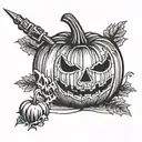 Pumpkin with a pen stabbed breaking it bleeding tattoo design idea