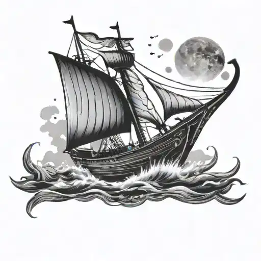 viking ship sailing at night sky tattoo design idea