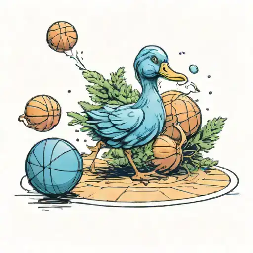A blue duck dribbling a basketball on a court made of Christmas tree cakes tattoo design idea