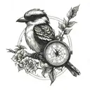 clock compass kookaburra sitting tattoo design idea