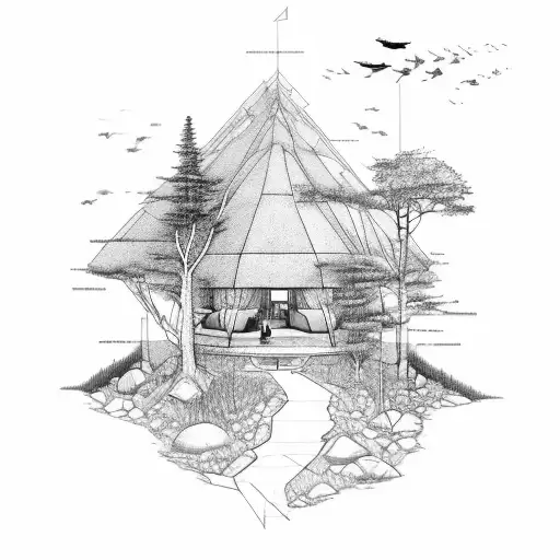 An architect's blueprint-inspired design featuring a hiking trail surrounded by wildlife tattoo design idea