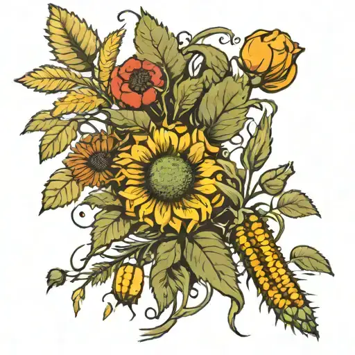 hops, barley, wheat, corn, rapeseed, poppy seeds and sunflowers growing from the ZETOR inscription tattoo design idea