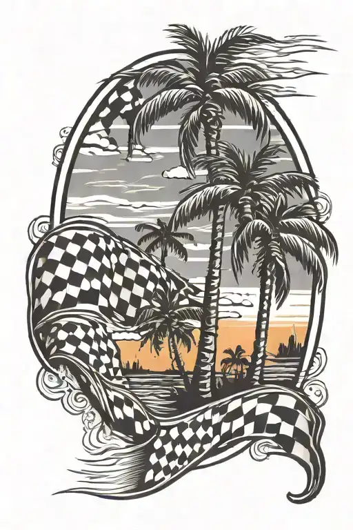 checkered flag and palm trees colors sunset tattoo design idea