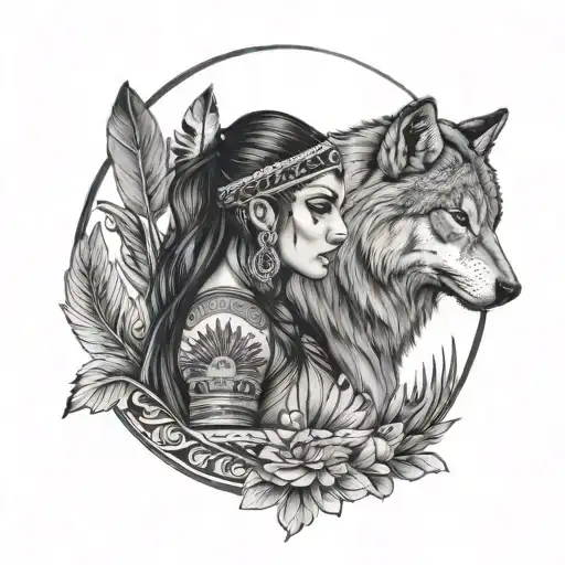 tattoo woman Right arm with indian girl under lone wolf, indian background tattoo design idea