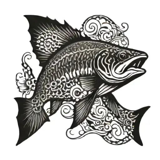 A spearfishing trout surrounded by intricate blackwork patterns tattoo design idea