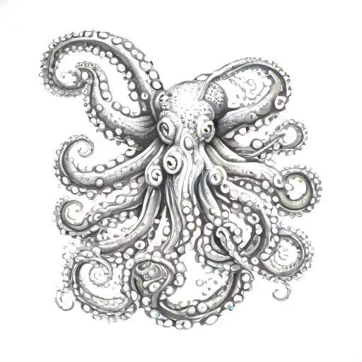 An octopus with fishing hooks as tentacles, symbolizing the client's love for hunting and fishing, in dotwork style tattoo design idea